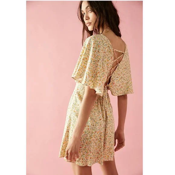 Free People | Dresses | New Free People Florence Mini Dress Floral Lace Up  Smocked Orange Green Cream | Poshmark